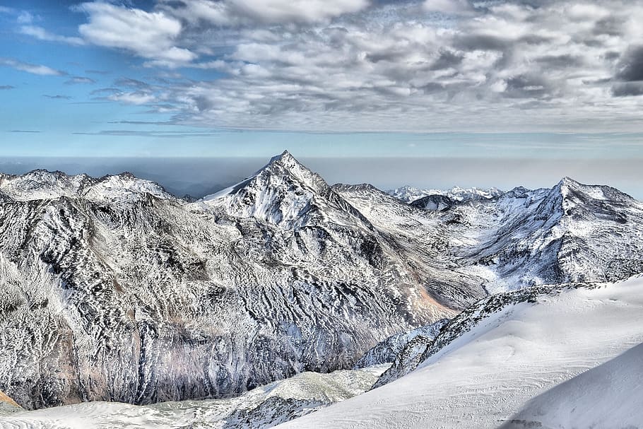 saas-fe, mountains, winter, clouds, landscape, snow, nature HD wallpaper