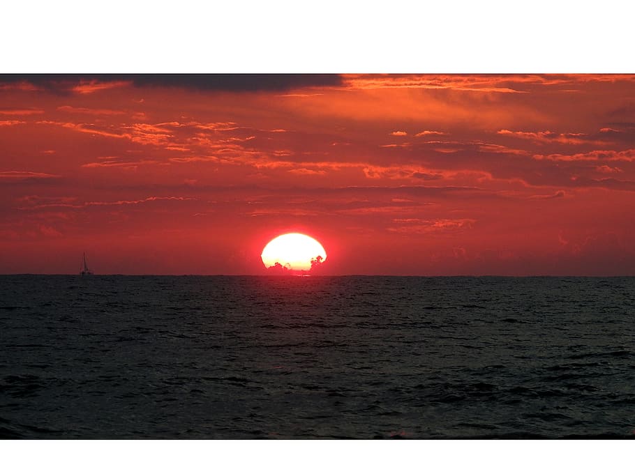 sunset, twilight, sky, sea, nature, yacht, large, orange, water HD wallpaper