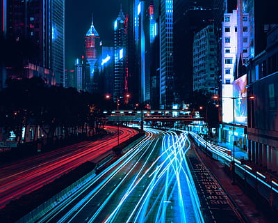 time-lapse photography of road, light, building, light trail HD wallpaper