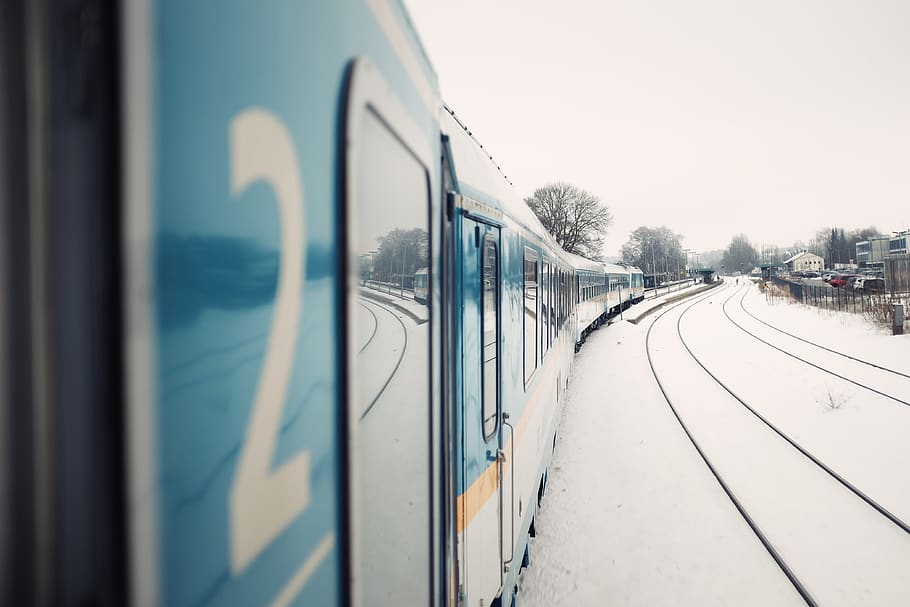 train, transportation, rail, track, trees, vehicle, houses HD wallpaper