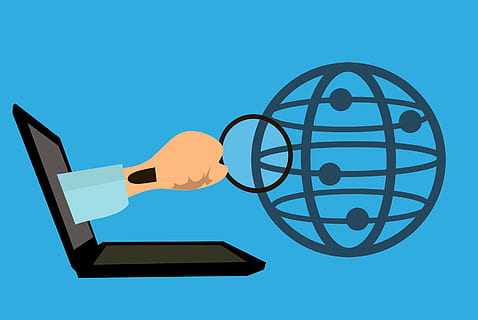 Illustration of web search with magnifying glass and laptop computer. HD wallpaper