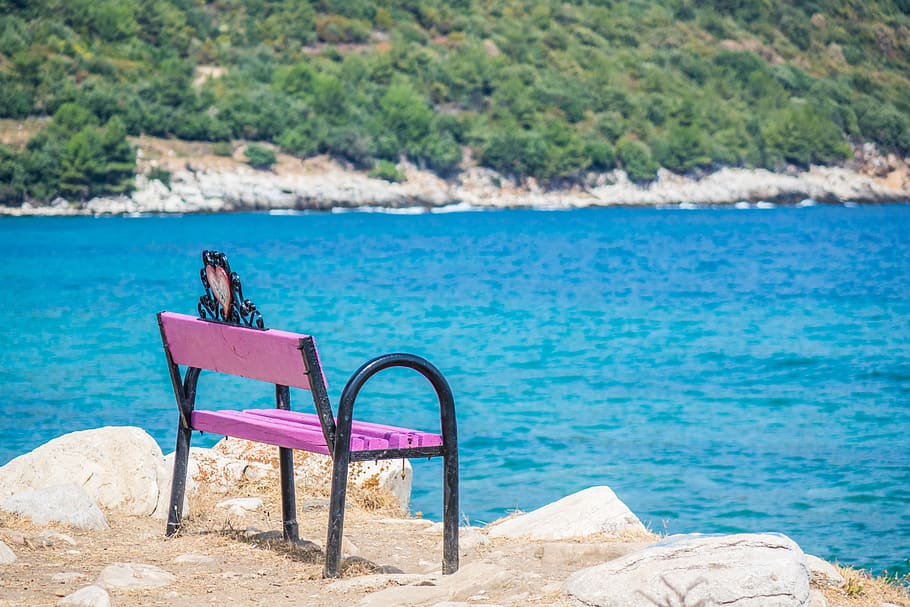 bench, sea, waiting, water, seat, beauty in nature, day, beach HD wallpaper