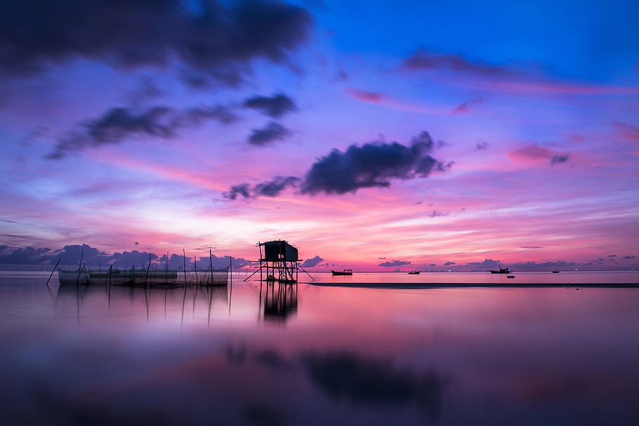 Body of Water Under Blue Sky during Golden Hour, beach, dawn HD wallpaper