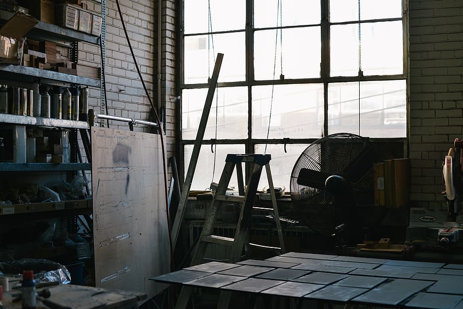 drawing board, shelves, brick, window, ladder, cans, fan, workspace HD wallpaper