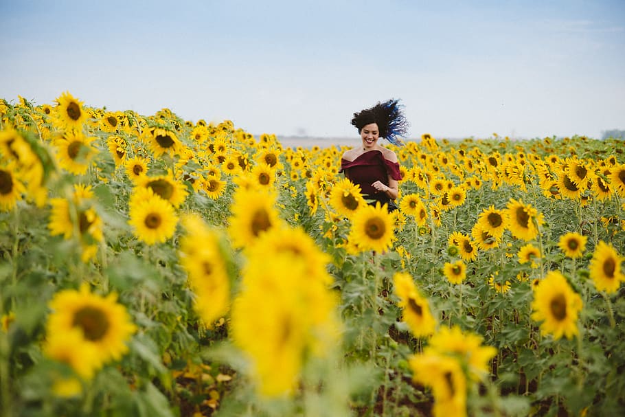Photo of Woman Smiling on Sunflower Field, beautiful, bloom, blooming HD wallpaper