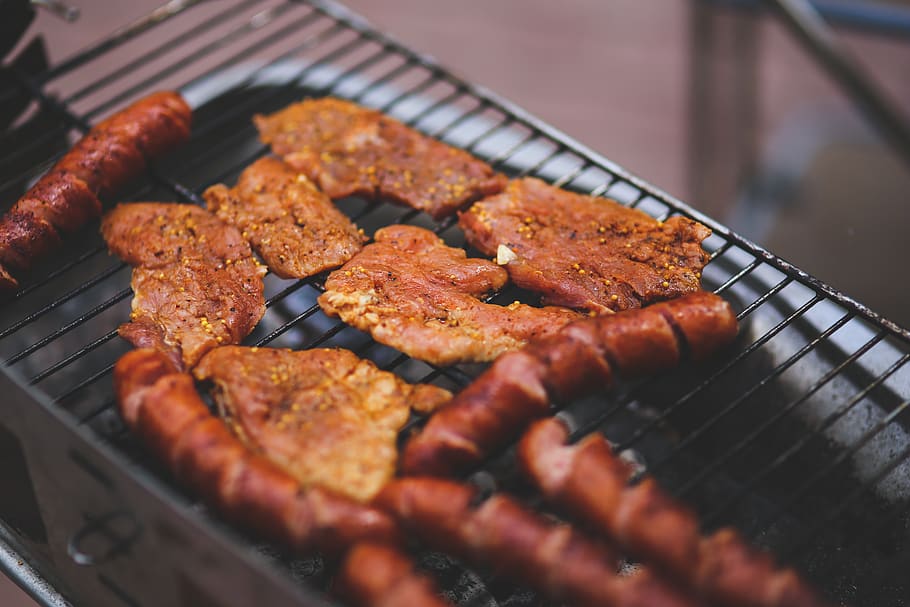 Pork and sausage on the grill, barbecue, bbq, dinner, food, meal, HD wallpaper