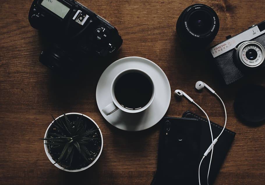 black camera beside cup, coffee cup, electronics, pottery, saucer, HD wallpaper