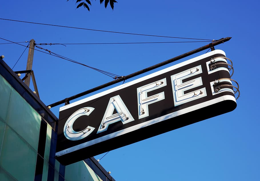 sign, advertisement, cafe, object, low angle view, communication HD wallpaper