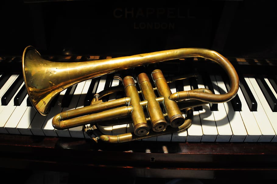 trumpet, music, piano, keys, horn, brass, ebony, ivory, black, HD wallpaper