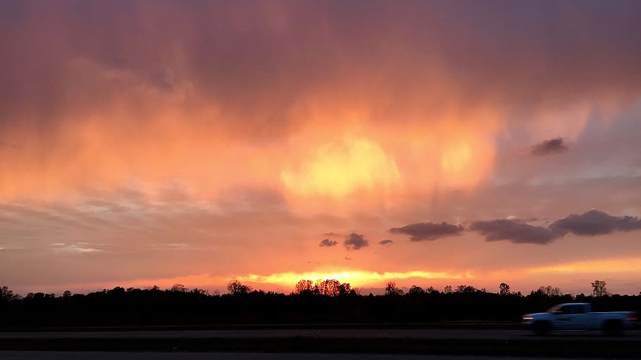 sunset, nature, road, clouds, treeline, sky, cloud - sky, transportation HD wallpaper