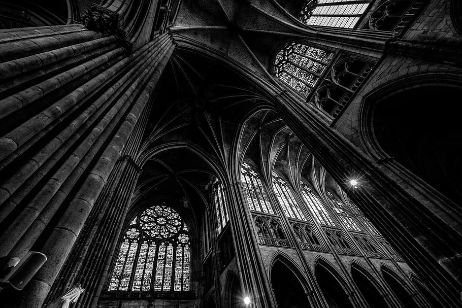 Grayscale Photography of Cathedral Ceiling, arches, architecture
