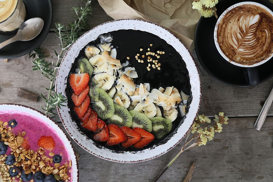 cafe, breakfast, charcoal, coffee, mix fruit, wood, food and drink HD wallpaper