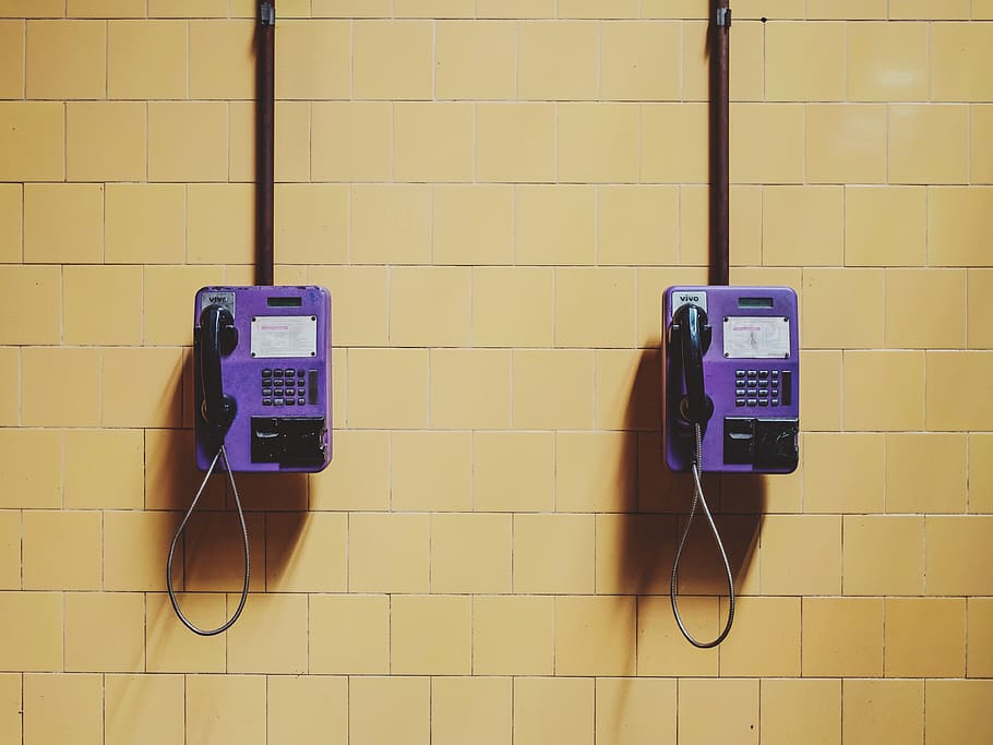 two purple wall telephones, phone booth, electronics, mobile phone, HD wallpaper