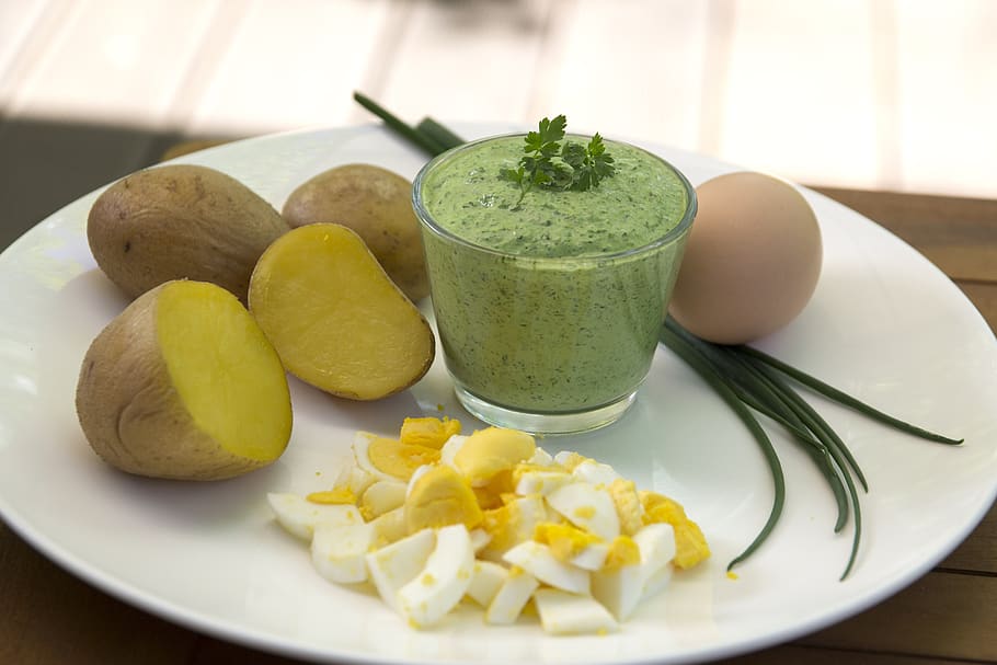 frankfurt's green sauce, egg, potato, herbs, parsley, chives, HD wallpaper