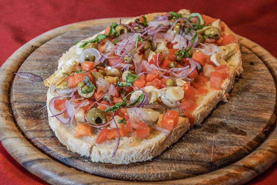 bruschetta, bread, eat, basil, appetizer, delicious, sano, alimentari HD wallpaper