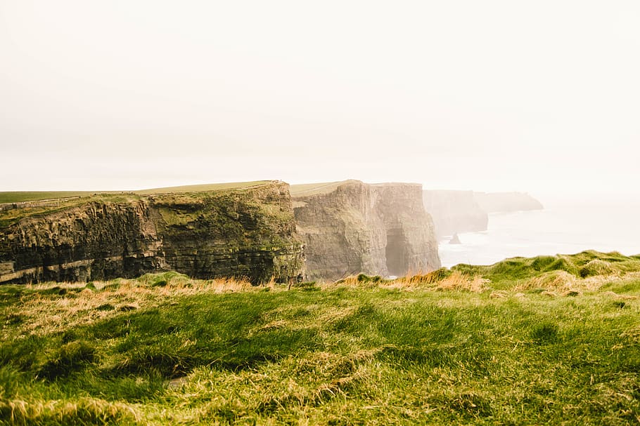 green cliff during daytime, scenics - nature, rock, grass, fog HD wallpaper