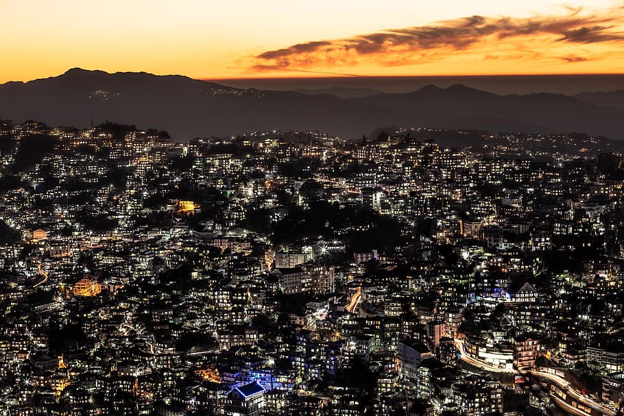 lighted buildings during sunset, building exterior, cityscape HD wallpaper