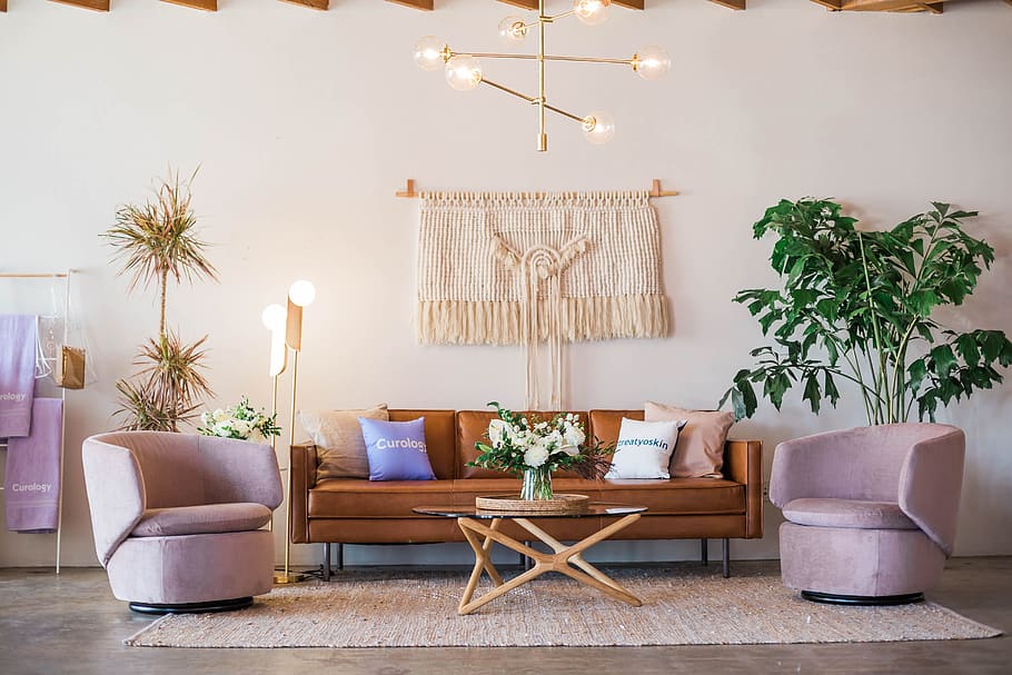 brown leather sofa and two pink sofa chair, furniture, table