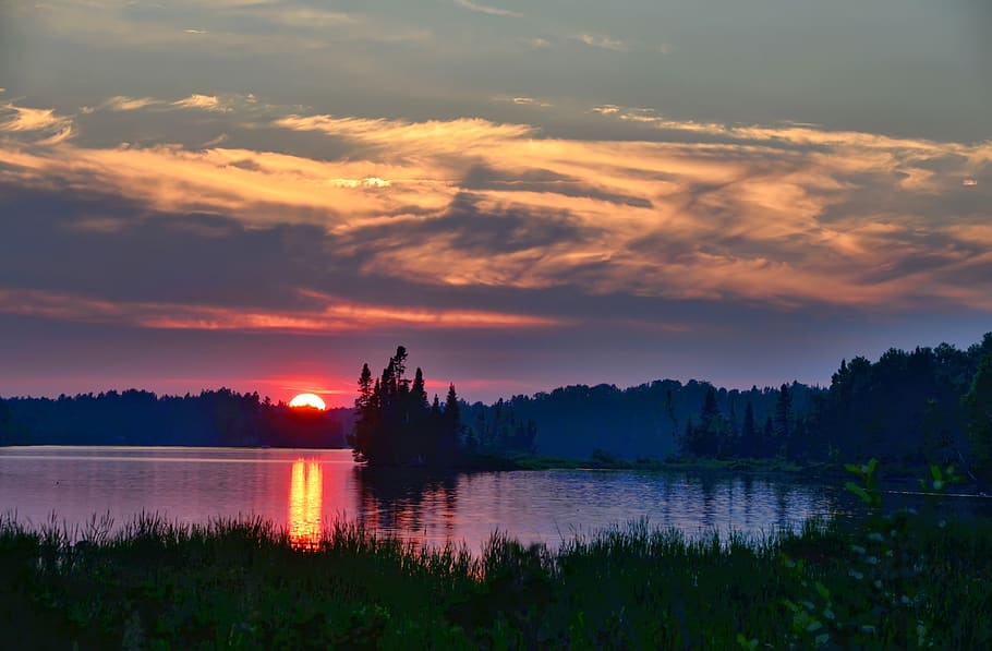 sunset, landscape, twilight, lake, clouds, trees, color, reflection HD wallpaper