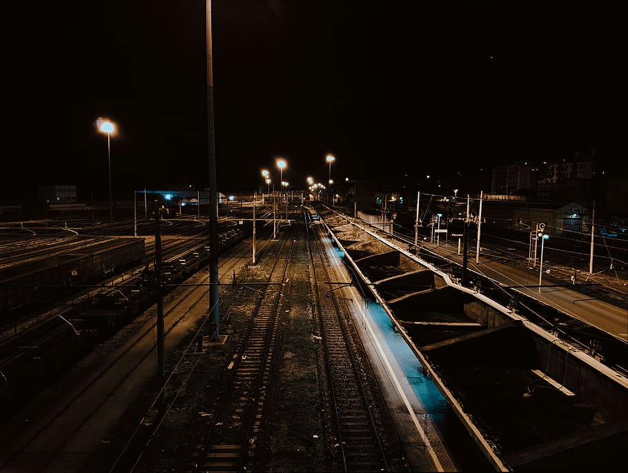 rails, train, station, lights, darkness, shadows, street, night HD wallpaper
