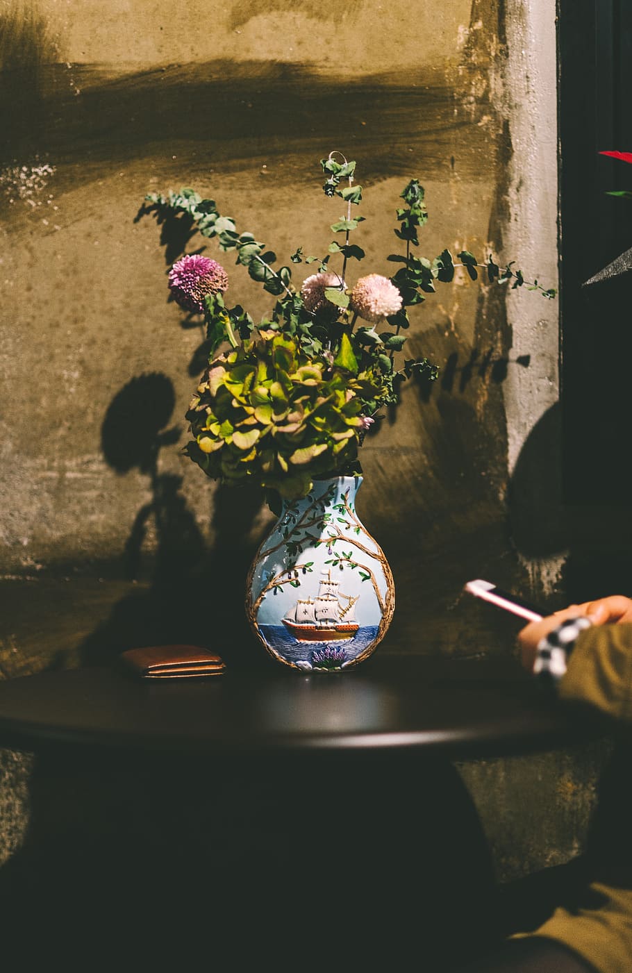 pink petaled flower on blue vase, interior, bottle, bloom, dry flower HD wallpaper