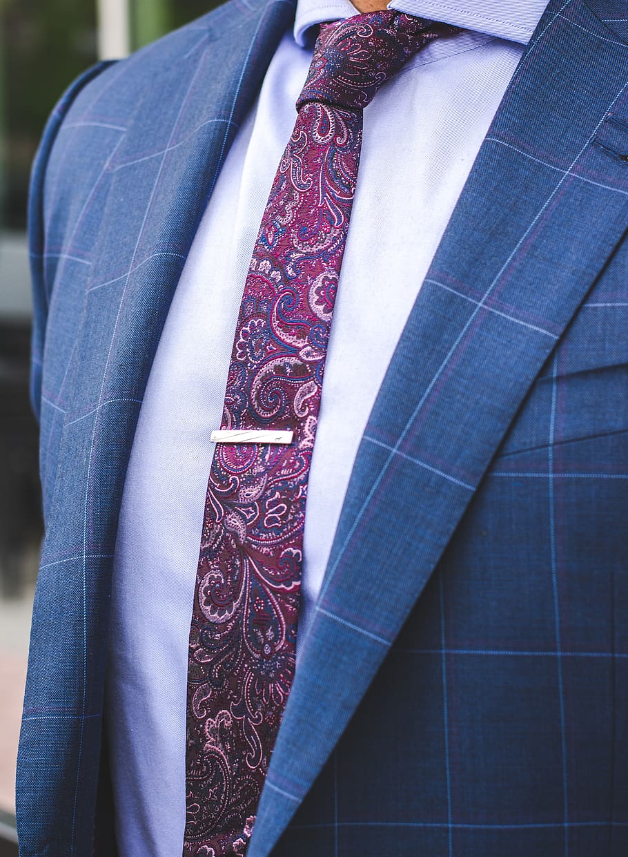 Person in Blue Suit and Red Paisley Necktie, businessman, close-up, HD wallpaper