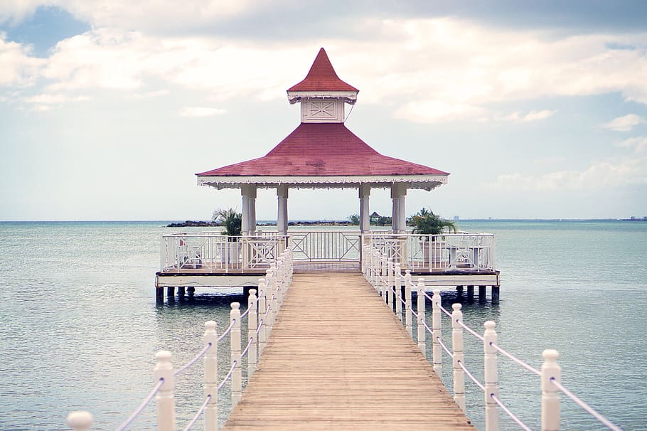 empty floating cottage, water, waterfront, port, pier, dock, railing HD wallpaper