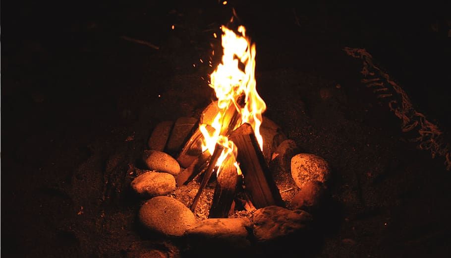 fun, black, orange, fire, wood, summer, campfire, flame, burning HD wallpaper