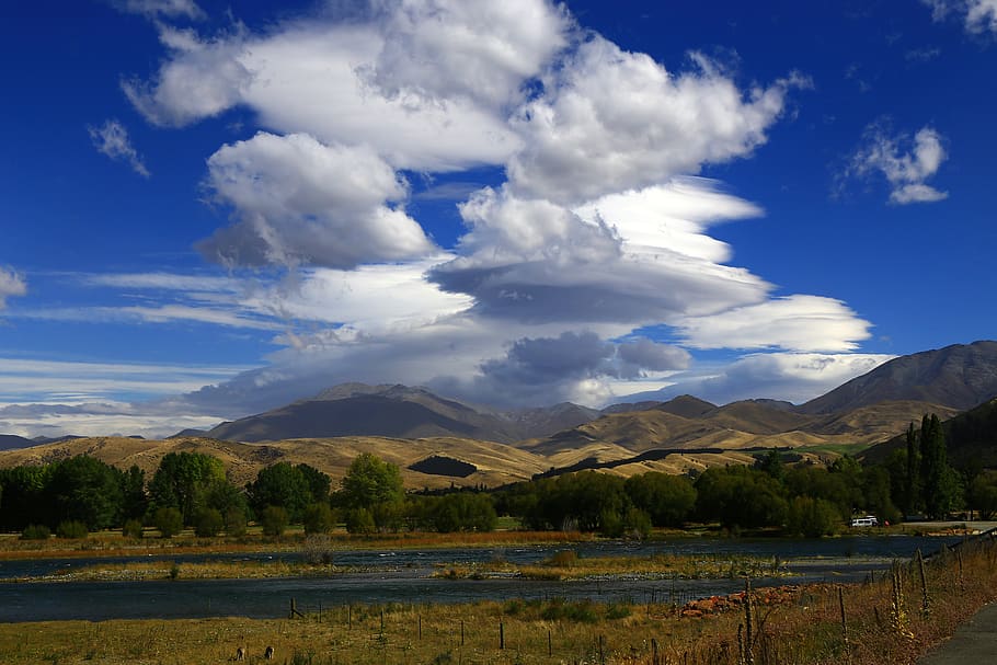 cloud, drama, hills, hover, looming, tawny, trees, river, willows HD wallpaper