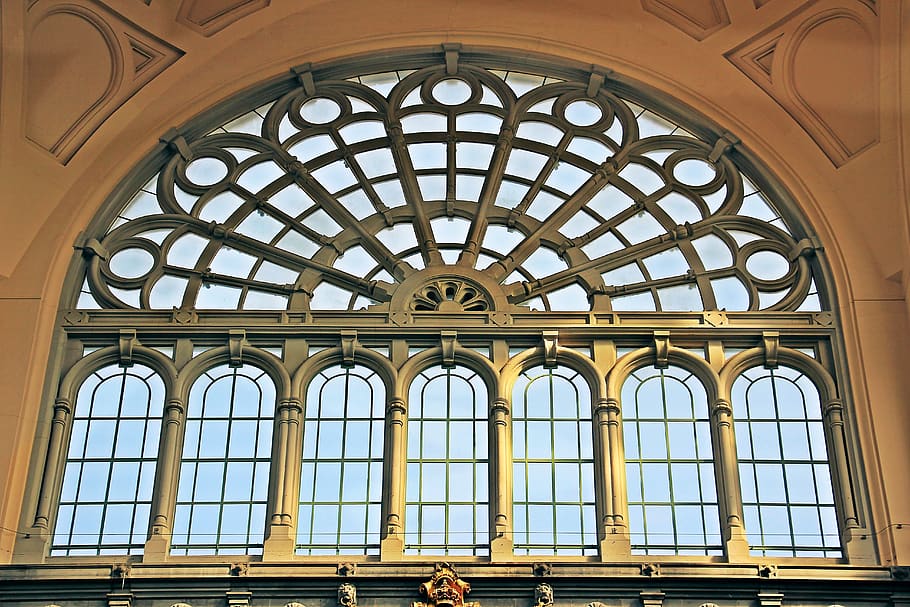 Closed Gray Framed Clear Glass Window, arches, architecture, art HD wallpaper