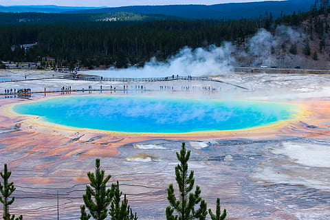 nature, outdoors, mountain, tree, plant, grand prismatic spring HD wallpaper