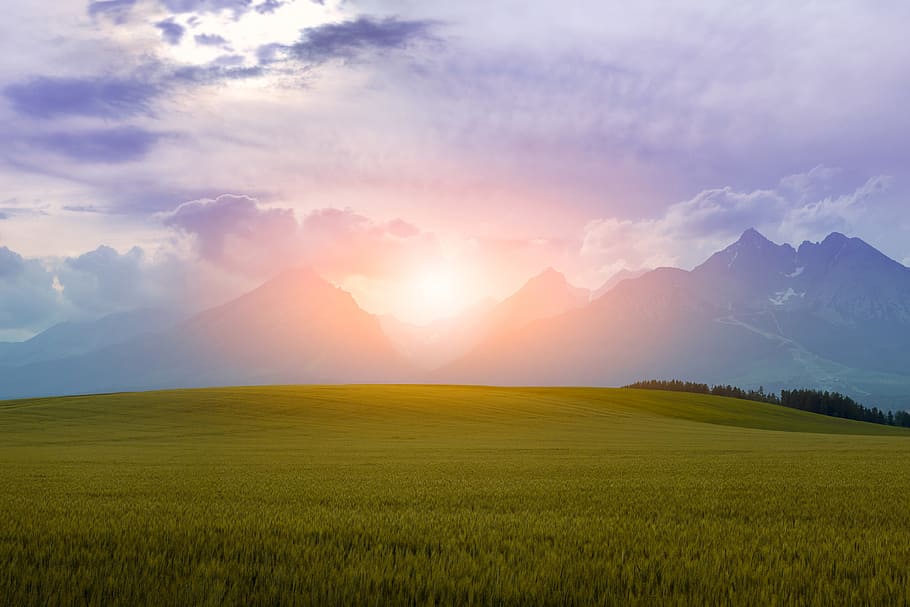 Amazing sunset. Landscape high mountains. Landscape in the fields. HD wallpaper