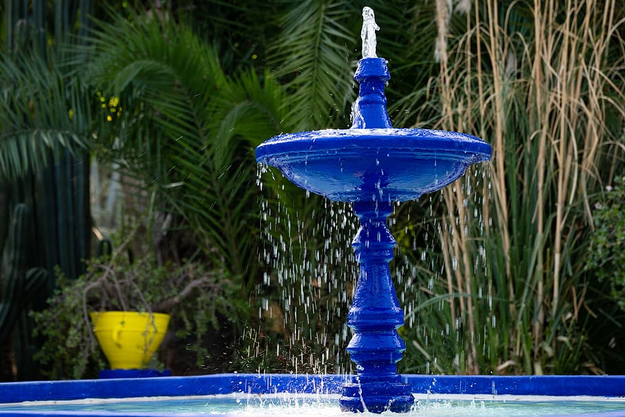 fountain, jardin majorelle, marrakech, morocco, blue, garden, HD wallpaper