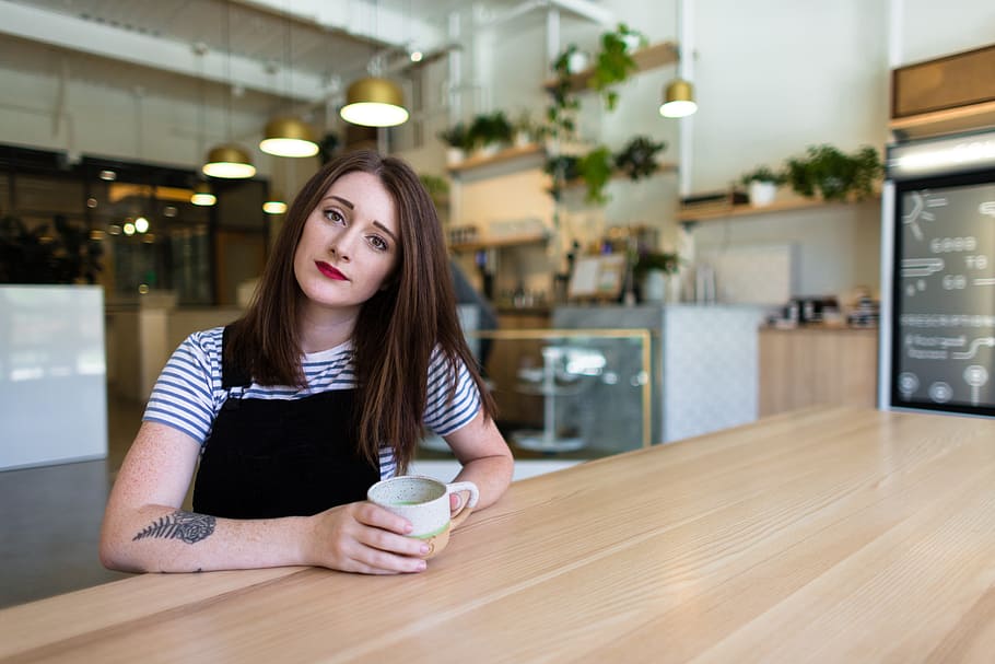 Matcha, woman, female, portrait, coffee, table, wood, bokeh, blur