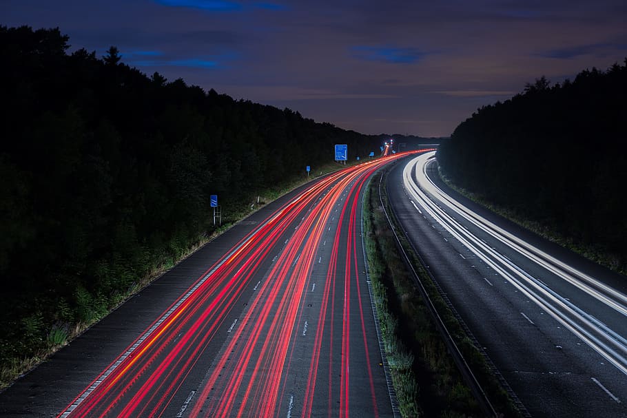 highway, road, night, light, effect, traffic, long exposure HD wallpaper