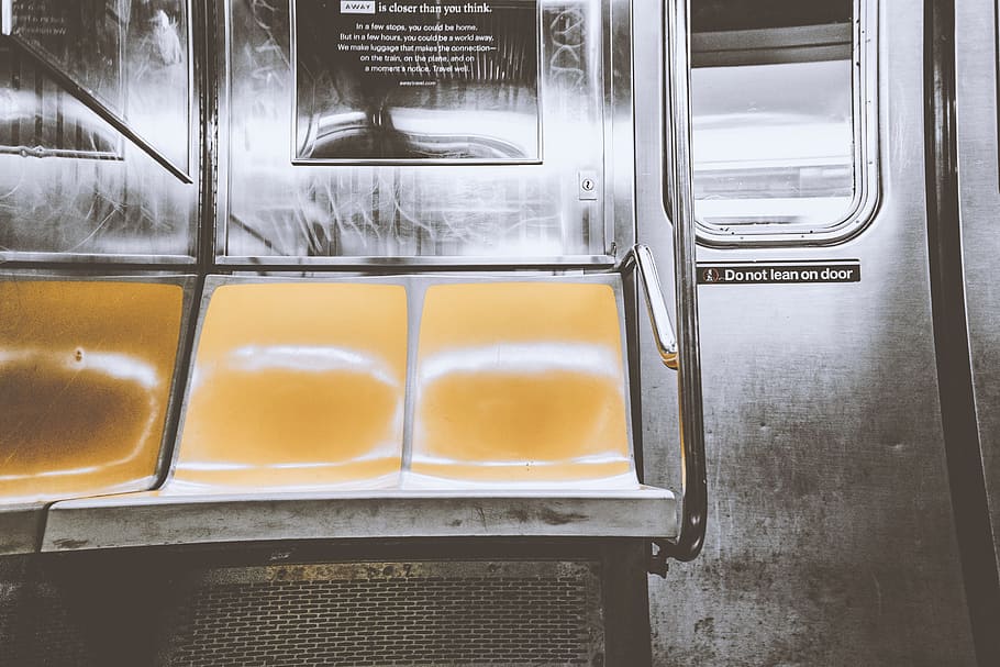 Subway Chairs, door, train, seat, underground, metro, empty, metal HD wallpaper