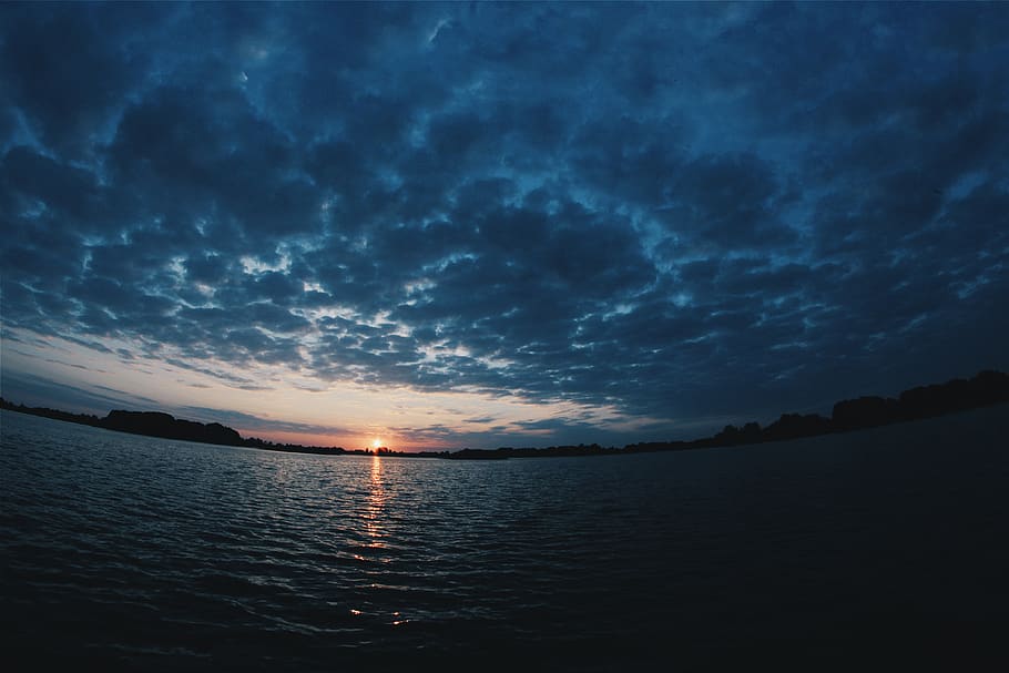 sunset, dusk, sky, clouds, cloudy, dark, night, evening, lake HD wallpaper
