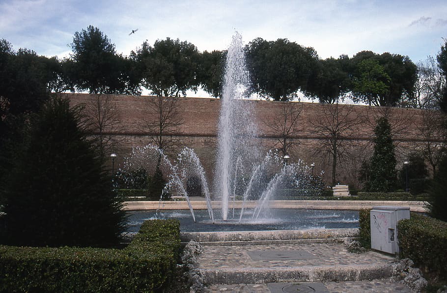 italy, siena, tree, plant, fountain, water, spraying, motion HD wallpaper