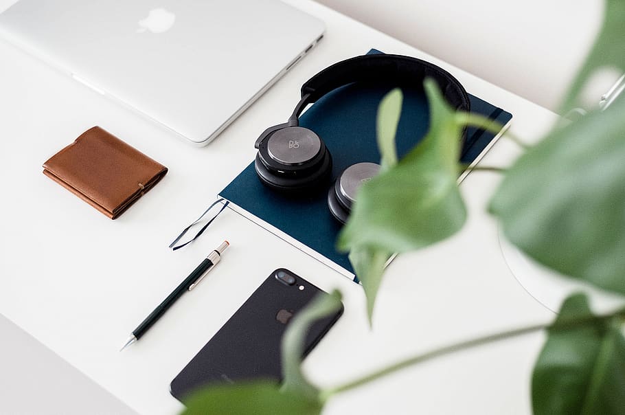 white, table, apple, mobile, phone, wallet, headphone, laptop HD wallpaper
