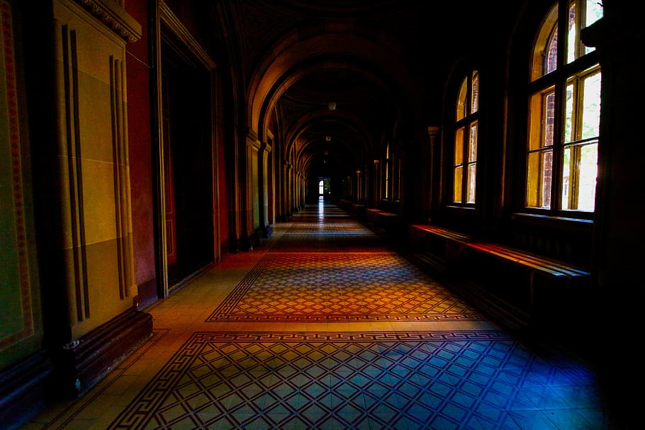flooring, corridor, indoors, aisle, crypt, hardwood, fire, arcade game machine HD wallpaper