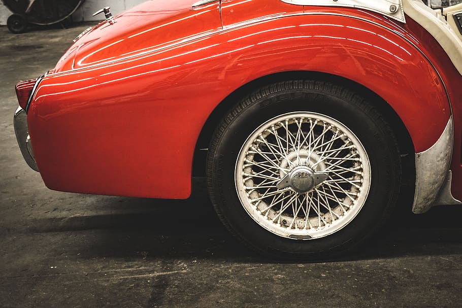red vehicle, wheel, car, machine, tire, automobile, transportation HD wallpaper
