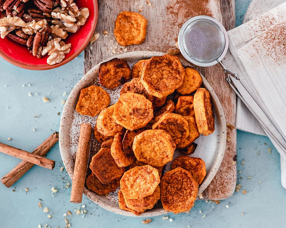 assorted variety of foods, chips, nuts, plate, eat, sweet potato HD wallpaper