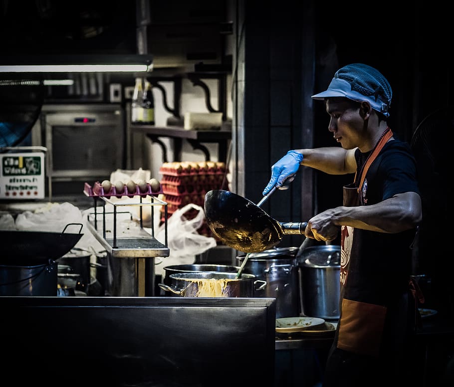 man cooking in kitchen, food and drink, real people, business HD wallpaper