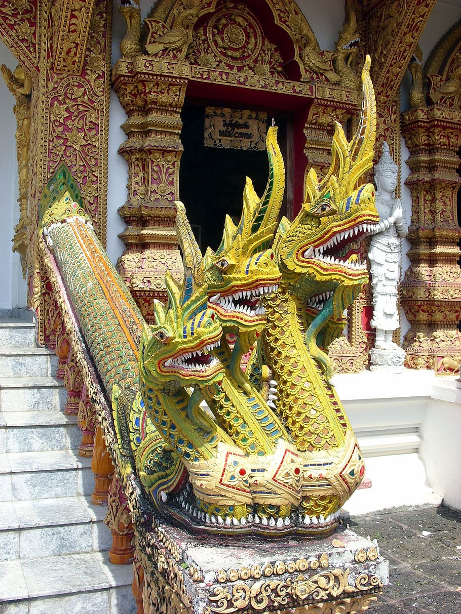 Three-headed Naga temple protector at Wat Bupparam Buddhist Temple in Chiang Mai in north Thailand, HD wallpaper