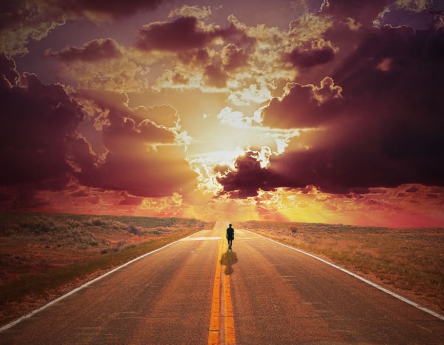 man, sunset, road, dusk, people, silhouette, couple, love, person HD wallpaper
