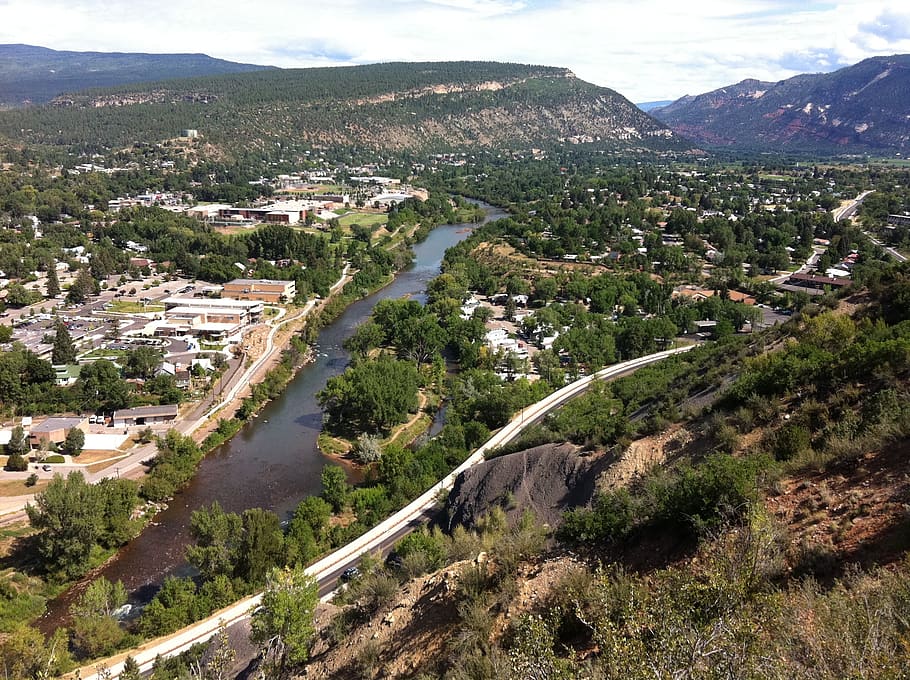 river town mountains, high angle view, environment, day, plant HD wallpaper