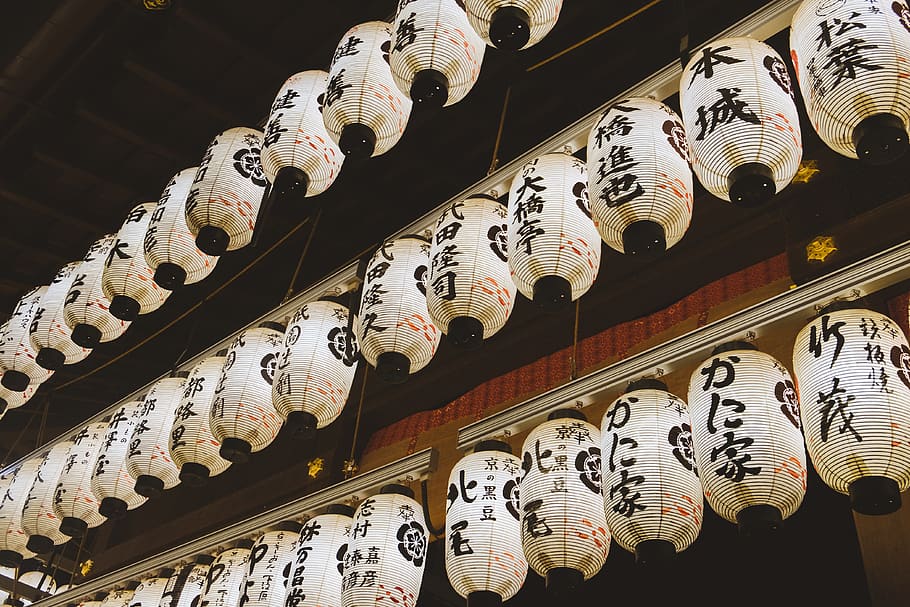 white sky lanterns, low angle view, indoors, no people, in a row HD wallpaper