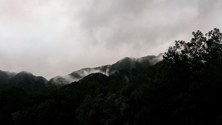 Low-angle Photography of Mountain, black and white, clouds, dark HD wallpaper