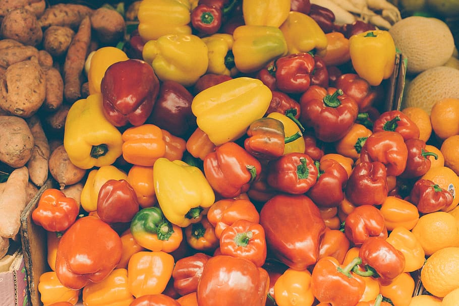 peppers, vegetables, red, yellow, orange, yams, potatoes, colors HD wallpaper