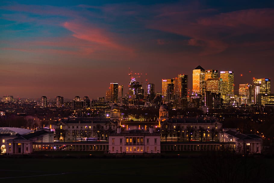 lighted-up city skyline, urban, building, town, downtown, outdoors HD wallpaper